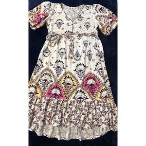 Fig & Flower Boho Floral Midi Dress XL Puff Sleeve Tie Waist Ruffle Hem Peasant